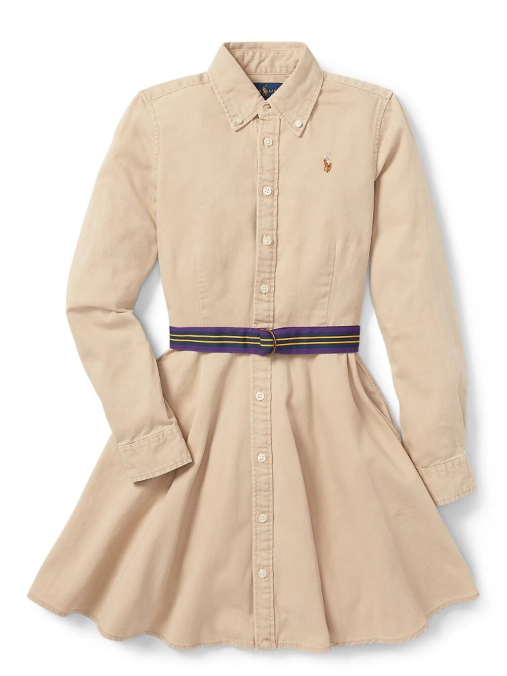 Polo Ralph Lauren Girls Button-Front Belted Shirtdress Size: 8 Color: Khaki NWT